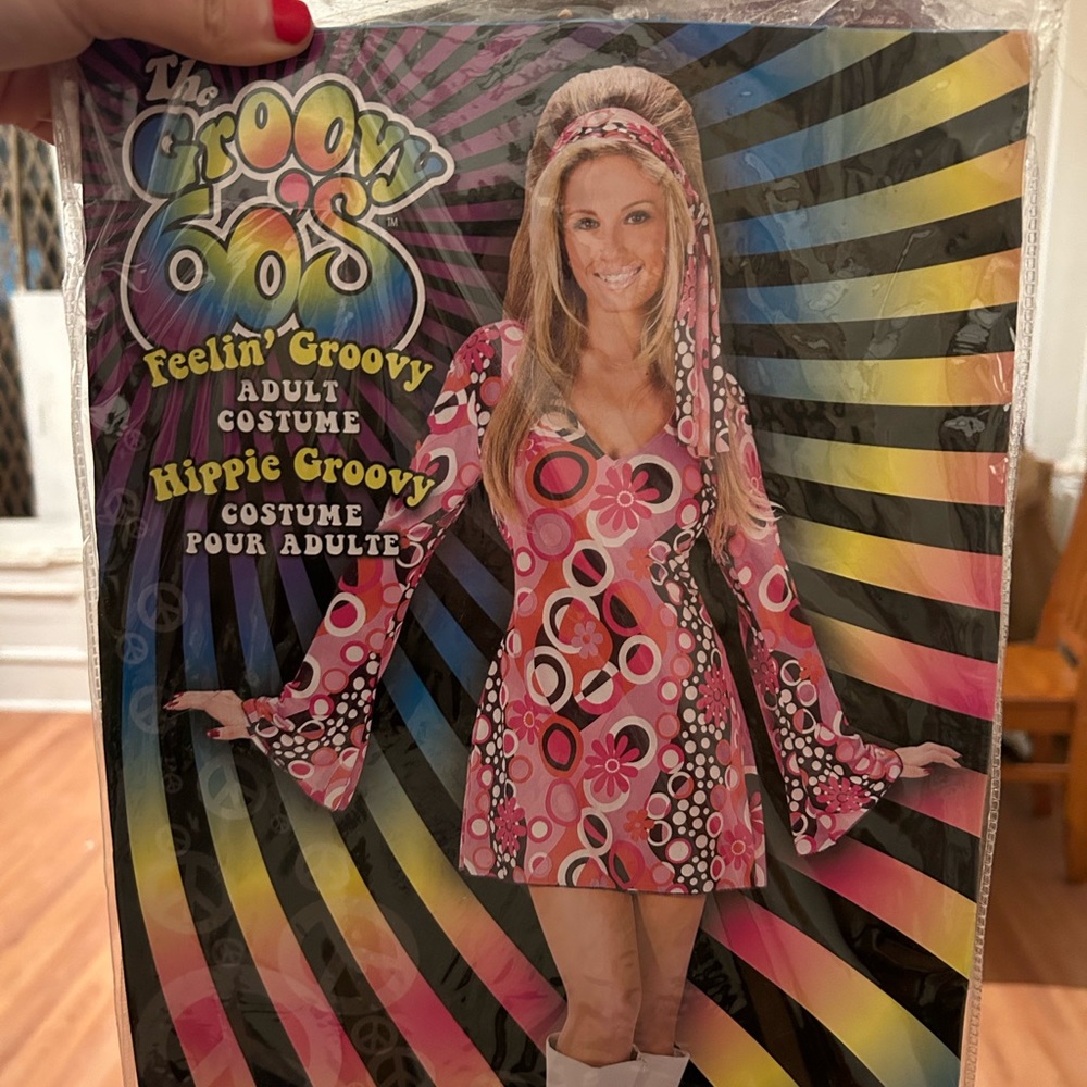 Groovy 60s psychedelic hippie costume with matching headpiece adult